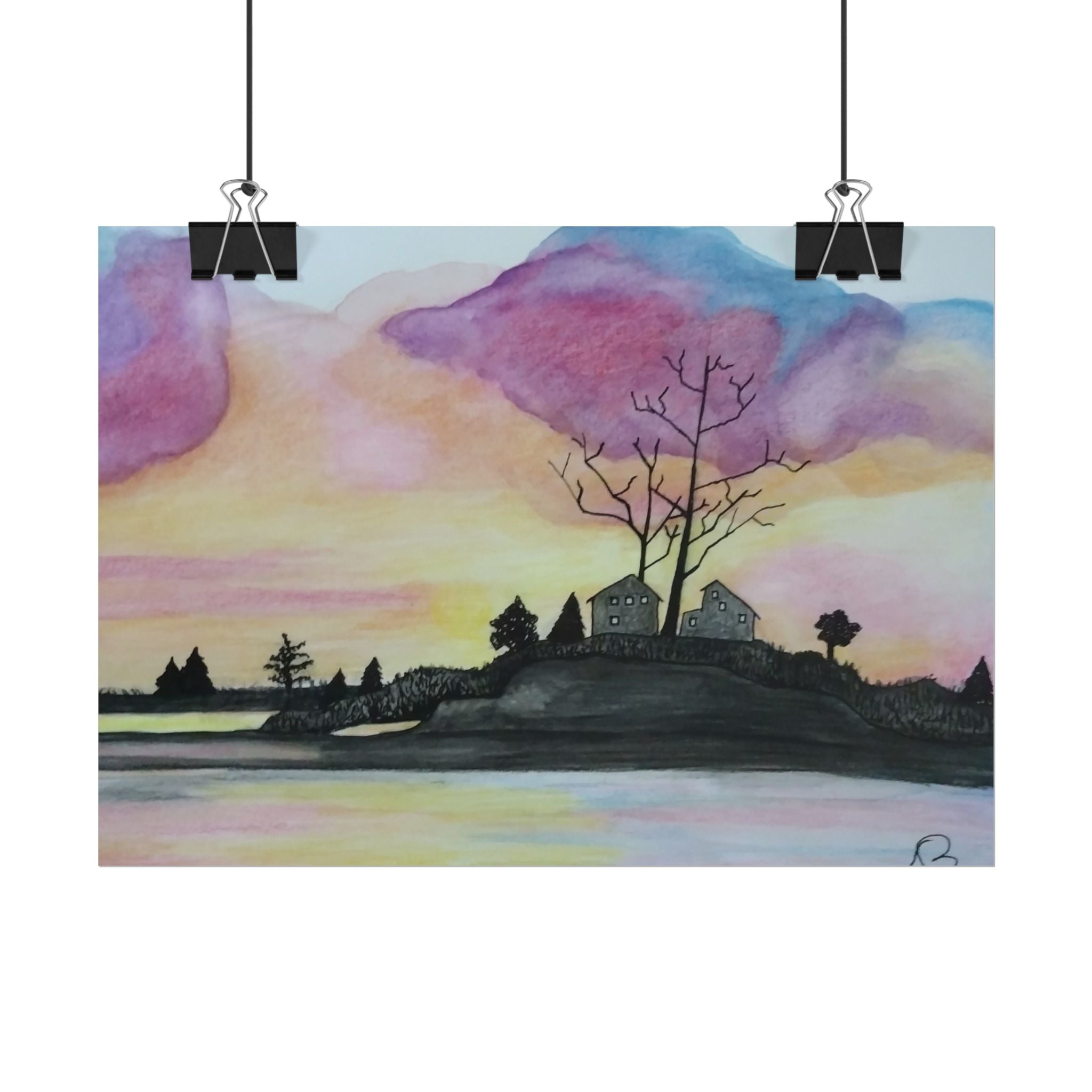 Sunset Lakeside Poster — Watercolor Cottage Landscape Rolled Art Print