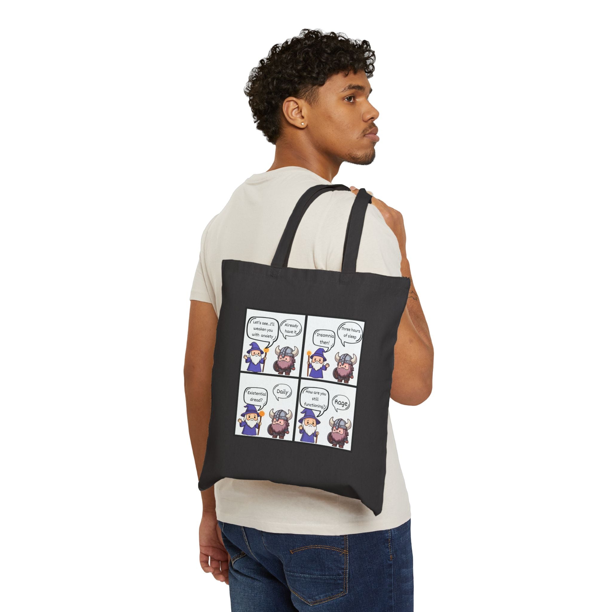 D&D Comic Panel Canvas Tote Bag — Cute Wizard Cartoon Grocery Book Bag