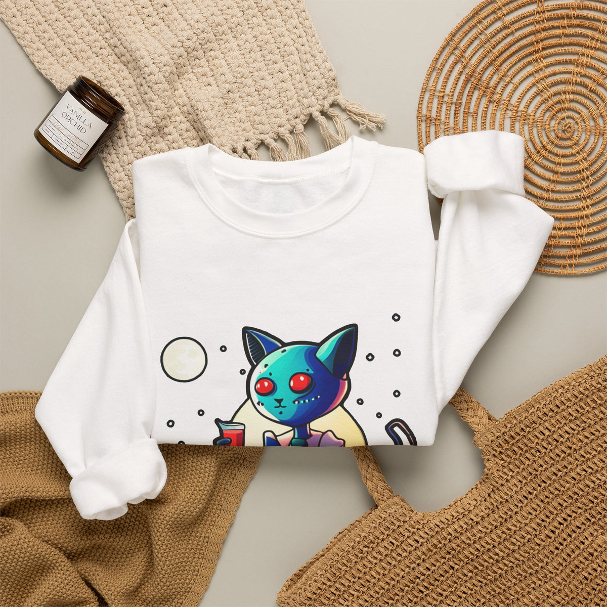Alien Cat Crewneck Sweatshirt — Neon Cosmic Cat Graphic