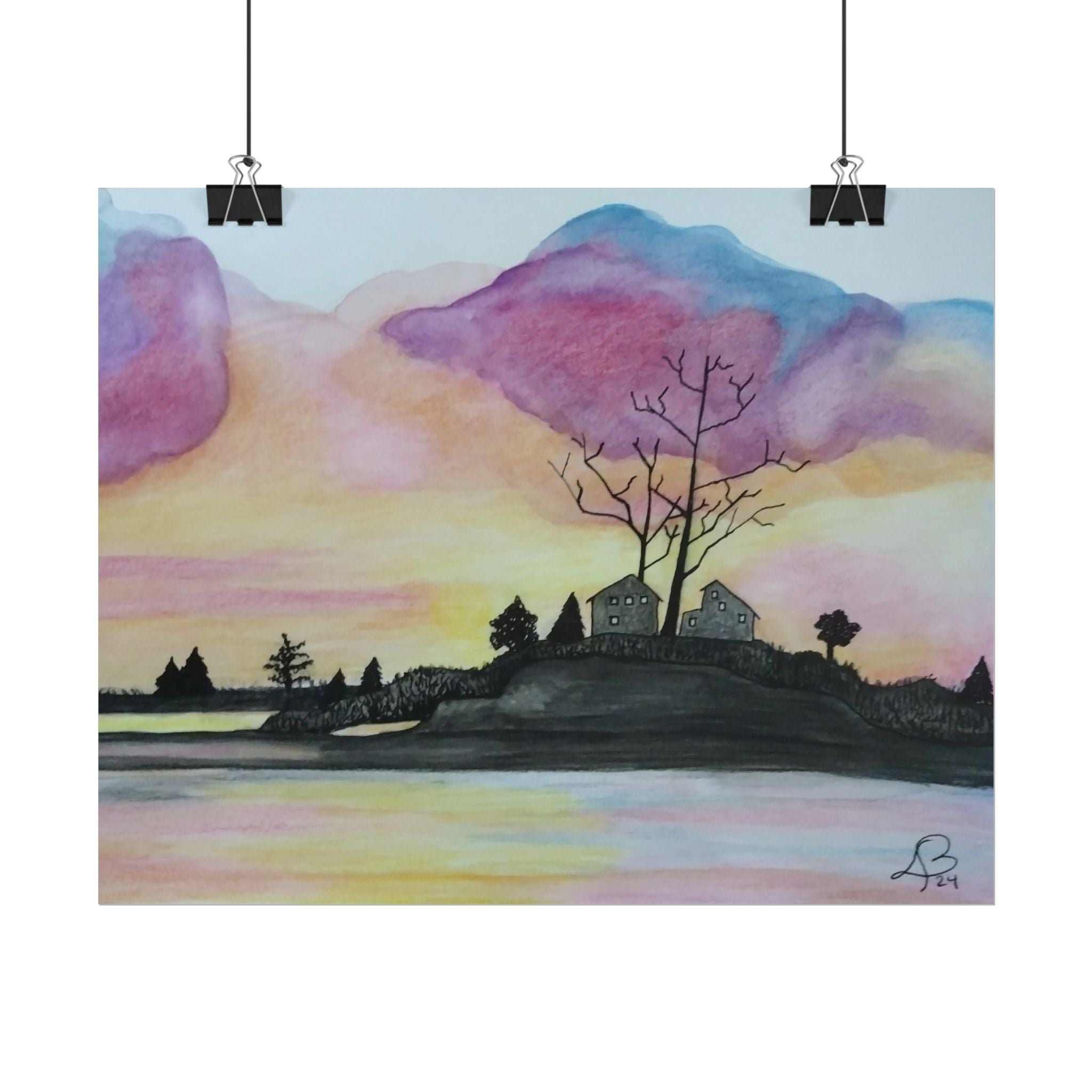 Sunset Lakeside Poster — Watercolor Cottage Landscape Rolled Art Print