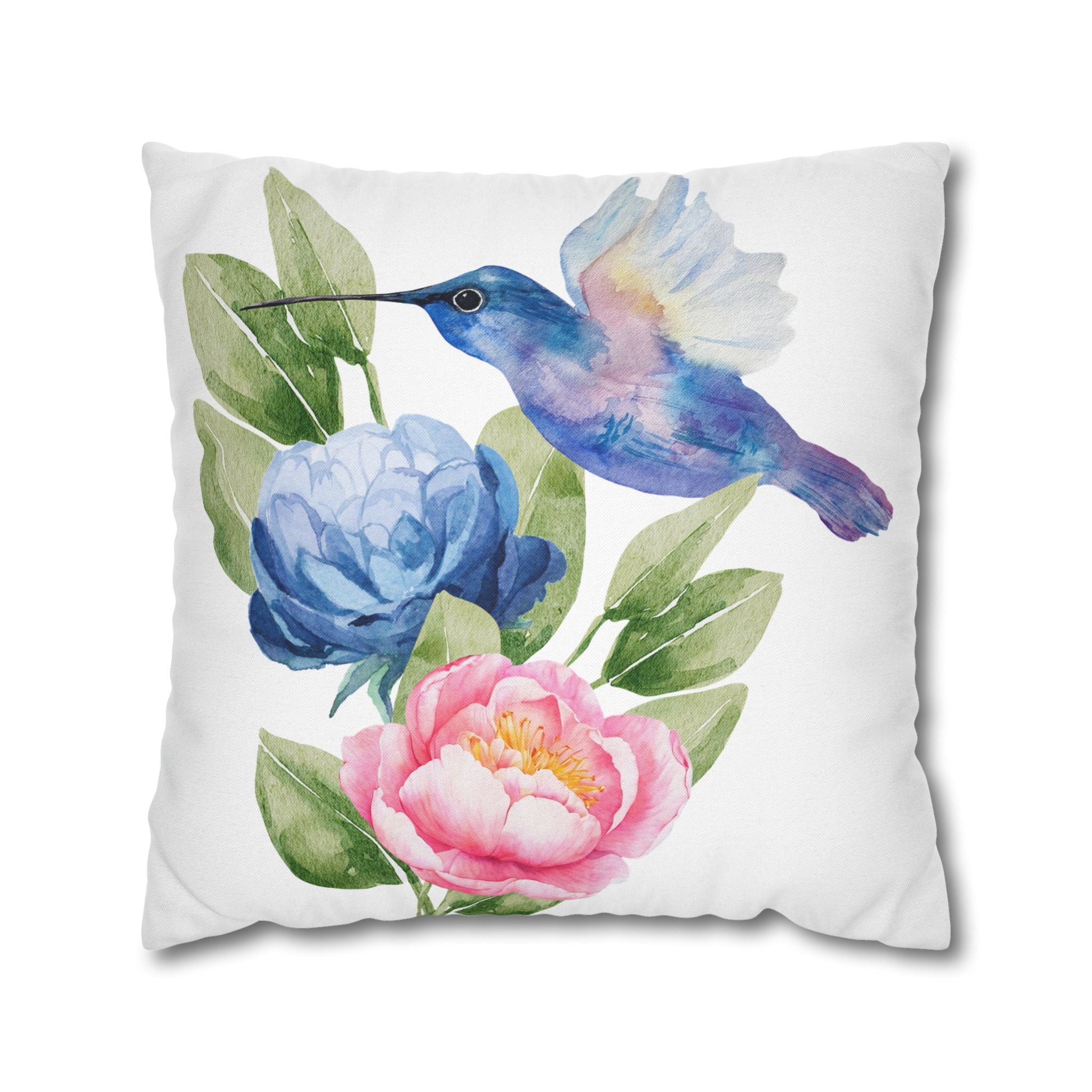 Hummingbird & Peonies Decorative Throw Pillowcase — Watercolor Floral Accent