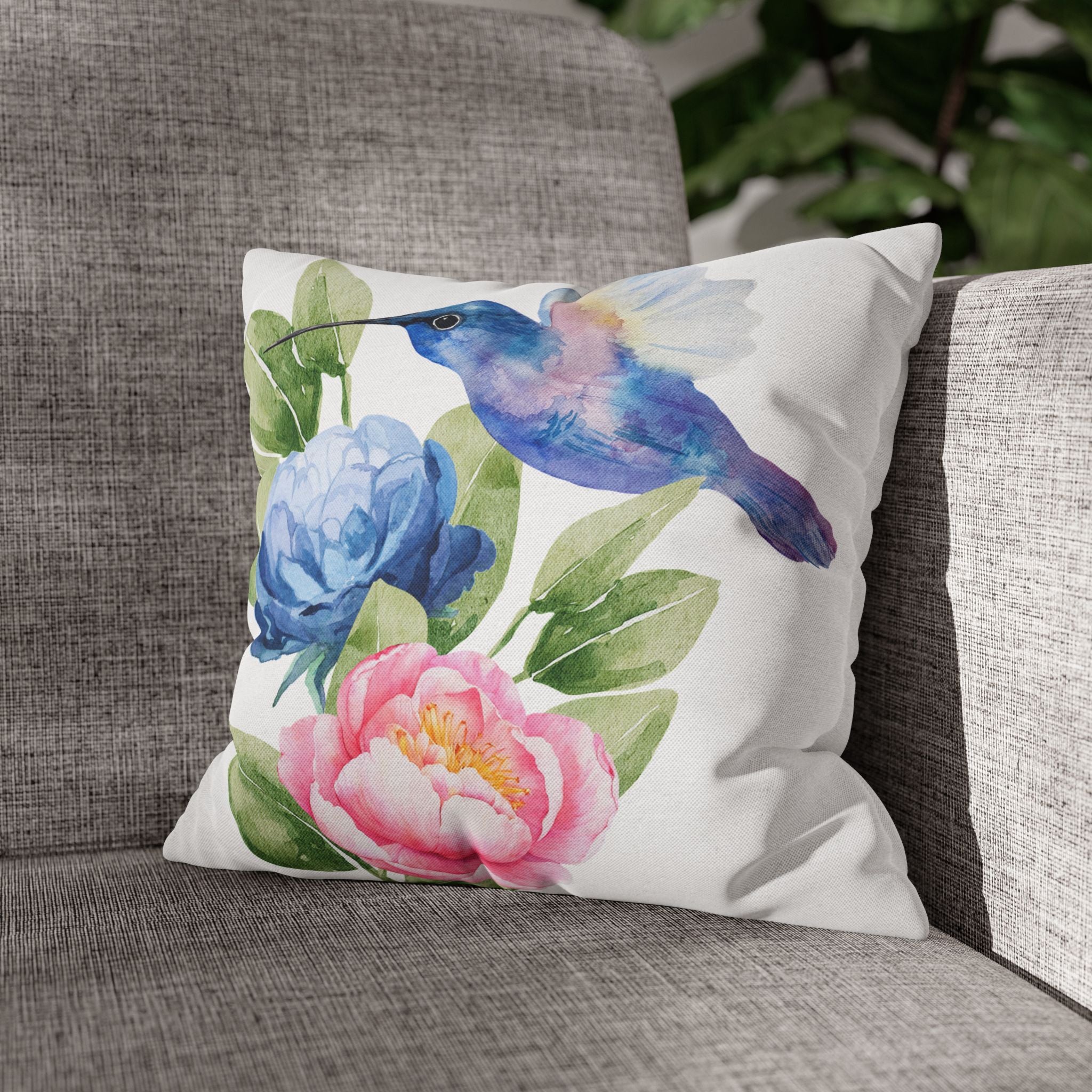 Hummingbird & Peonies Decorative Throw Pillowcase — Watercolor Floral Accent