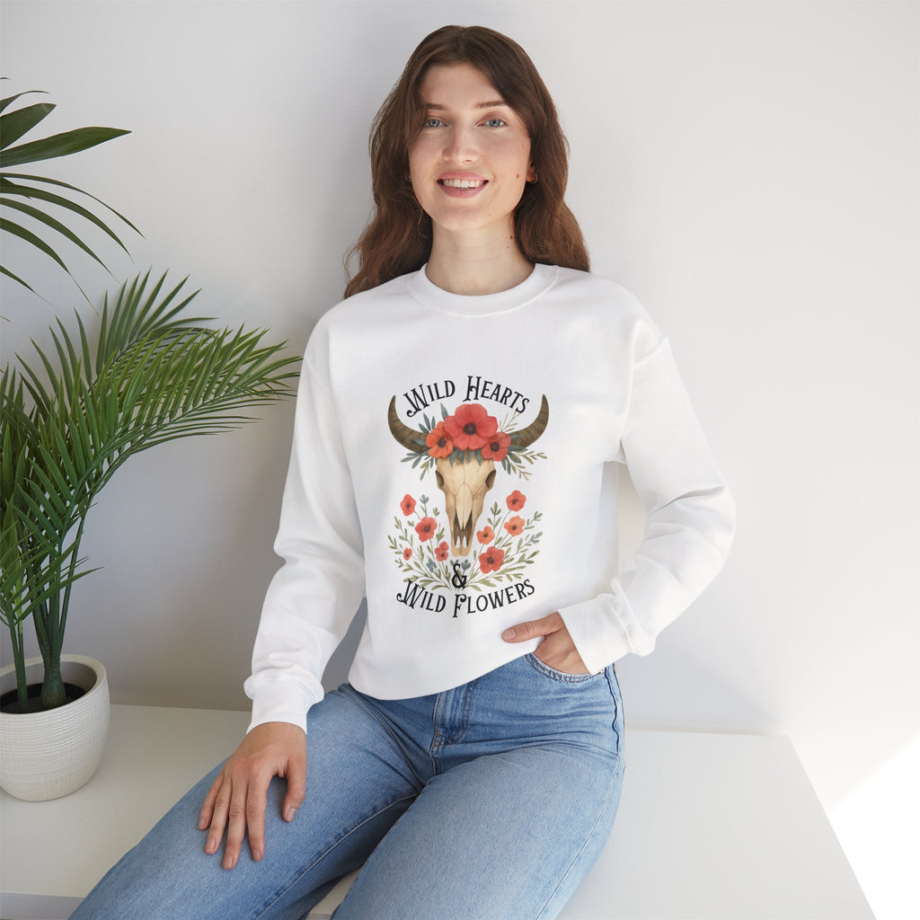 Crewneck Sweatshirt — Wild Hearts Wild Flowers Skull Floral Graphic