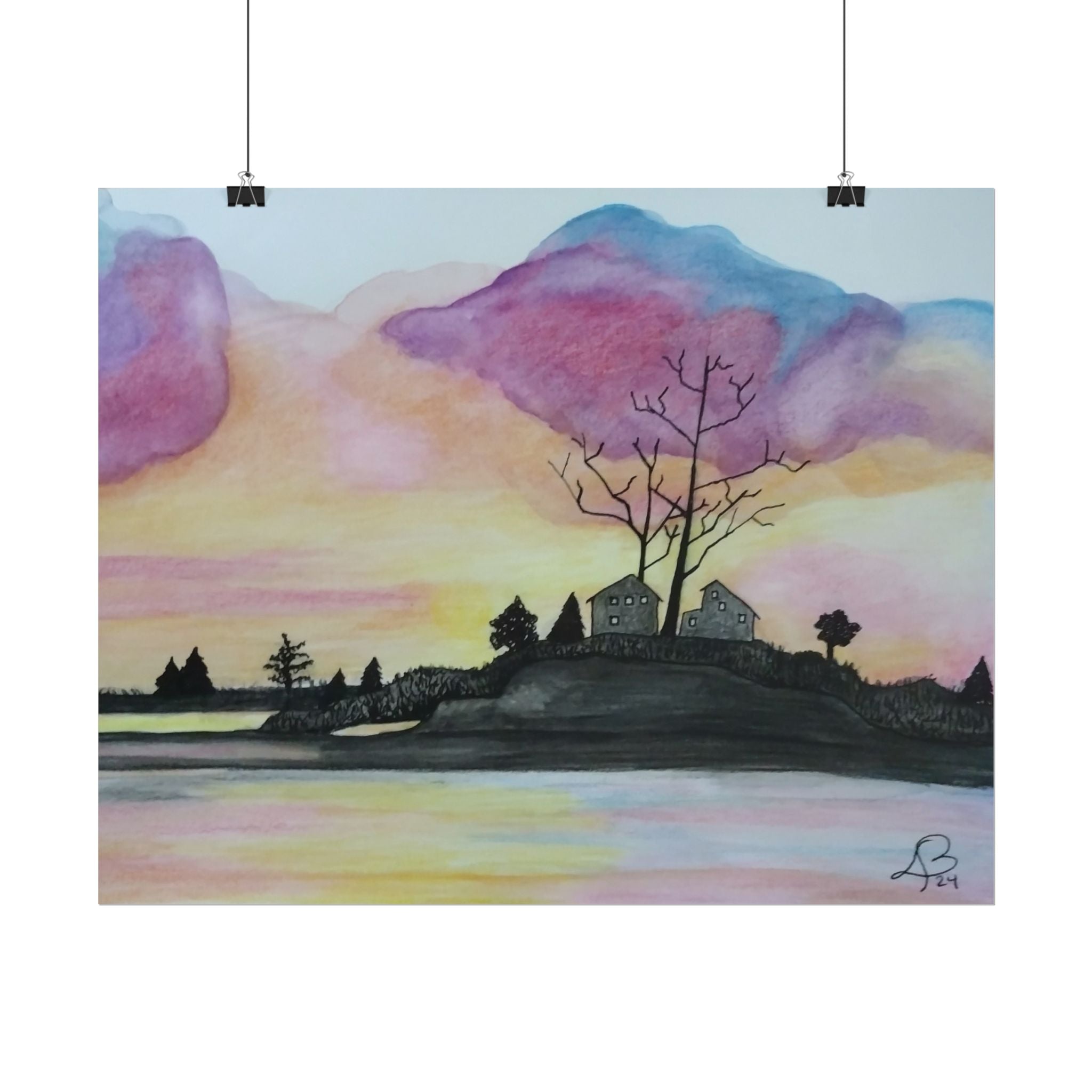 Sunset Lakeside Poster — Watercolor Cottage Landscape Rolled Art Print