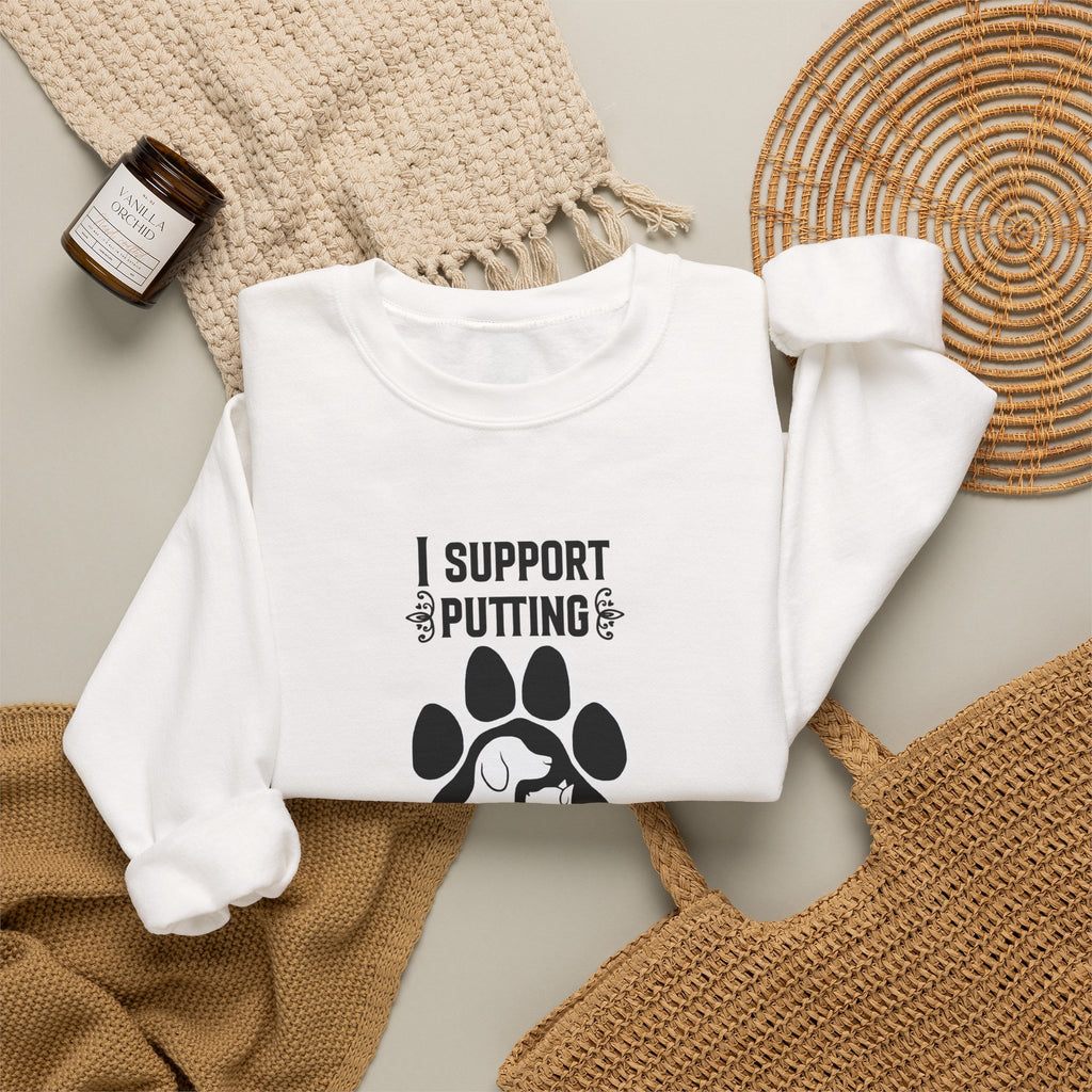 Crewneck Sweatshirt — "I Support Putting Animal Abusers to Sleep" Paw Rescue Tee