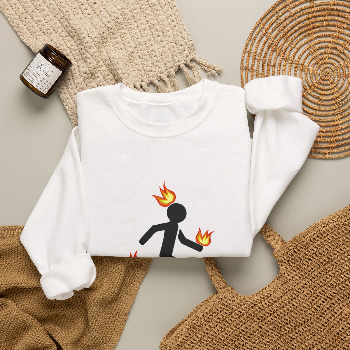 Crewneck Sweatshirt — I Tried It At Home (Funny Stick Figure on Fire Graphic)