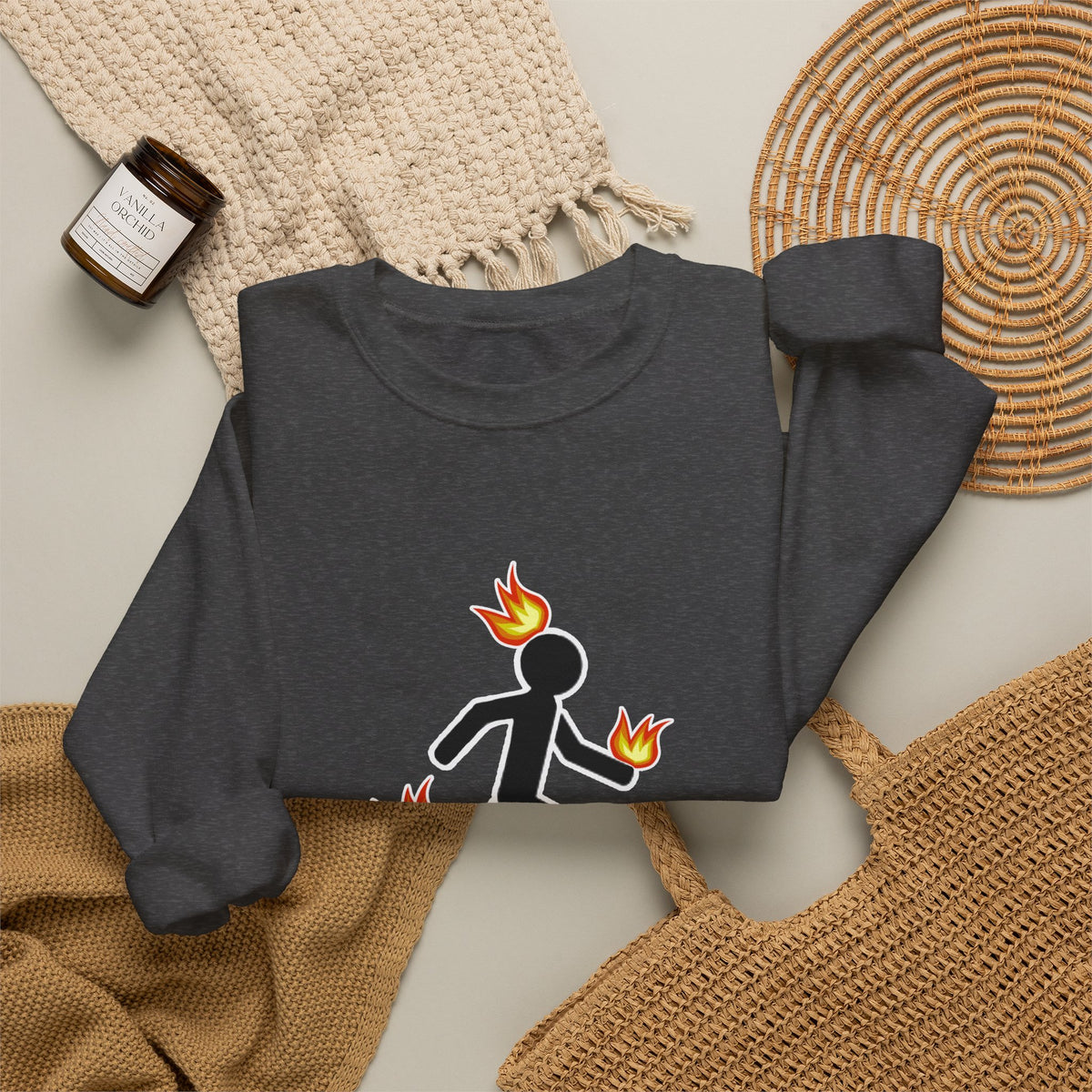 Crewneck Sweatshirt — I Tried It At Home (Funny Stick Figure on Fire Graphic)