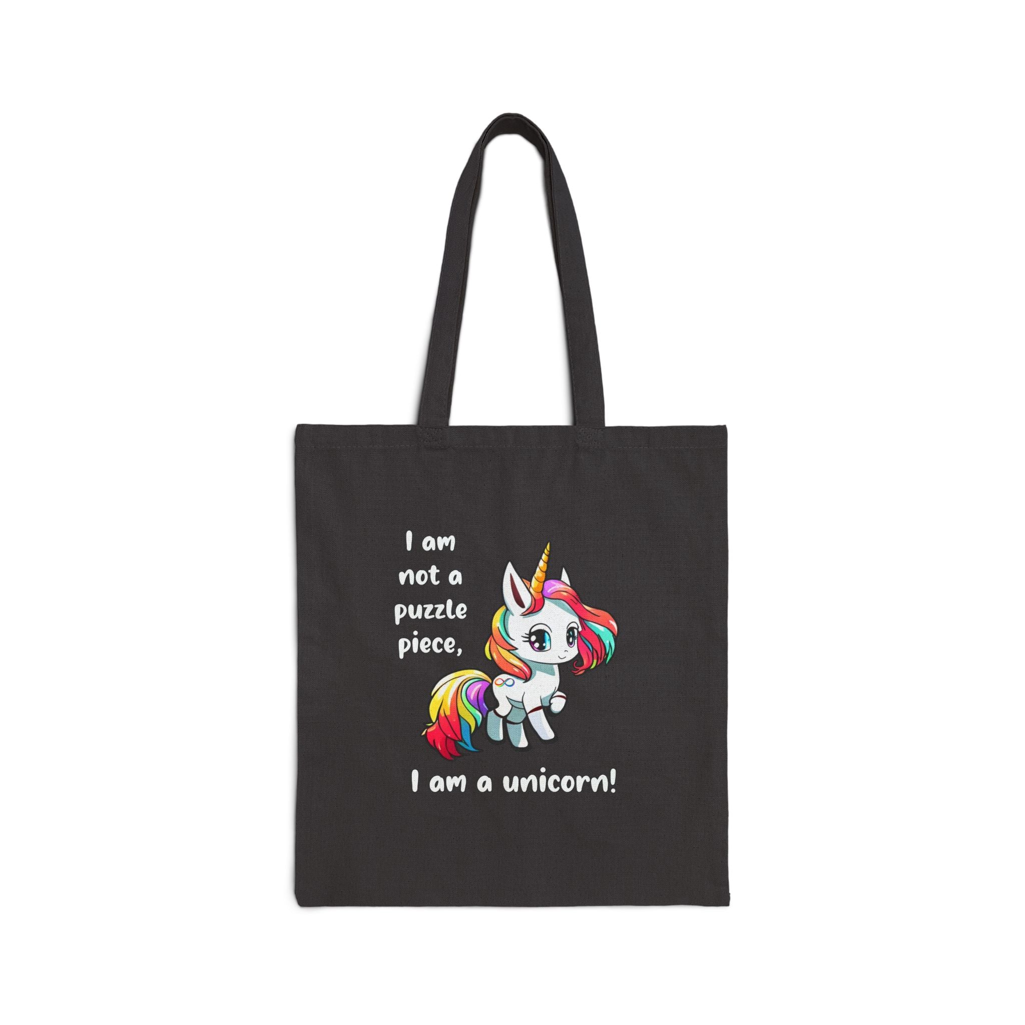 Unicorn Canvas Tote Bag — "I am Not a Puzzle Piece. I am a Unicorn!" Cute Rainbow Tote for Kids & Gift