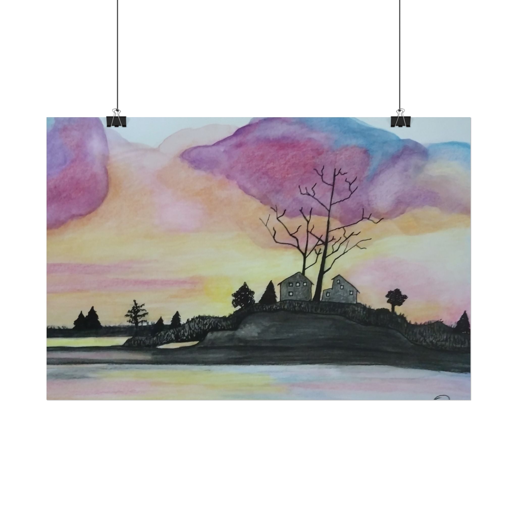 Sunset Lakeside Poster — Watercolor Cottage Landscape Rolled Art Print