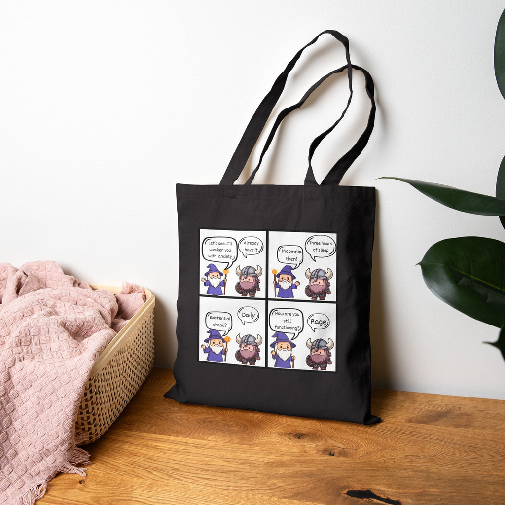 D&D Comic Panel Canvas Tote Bag — Cute Wizard Cartoon Grocery Book Bag