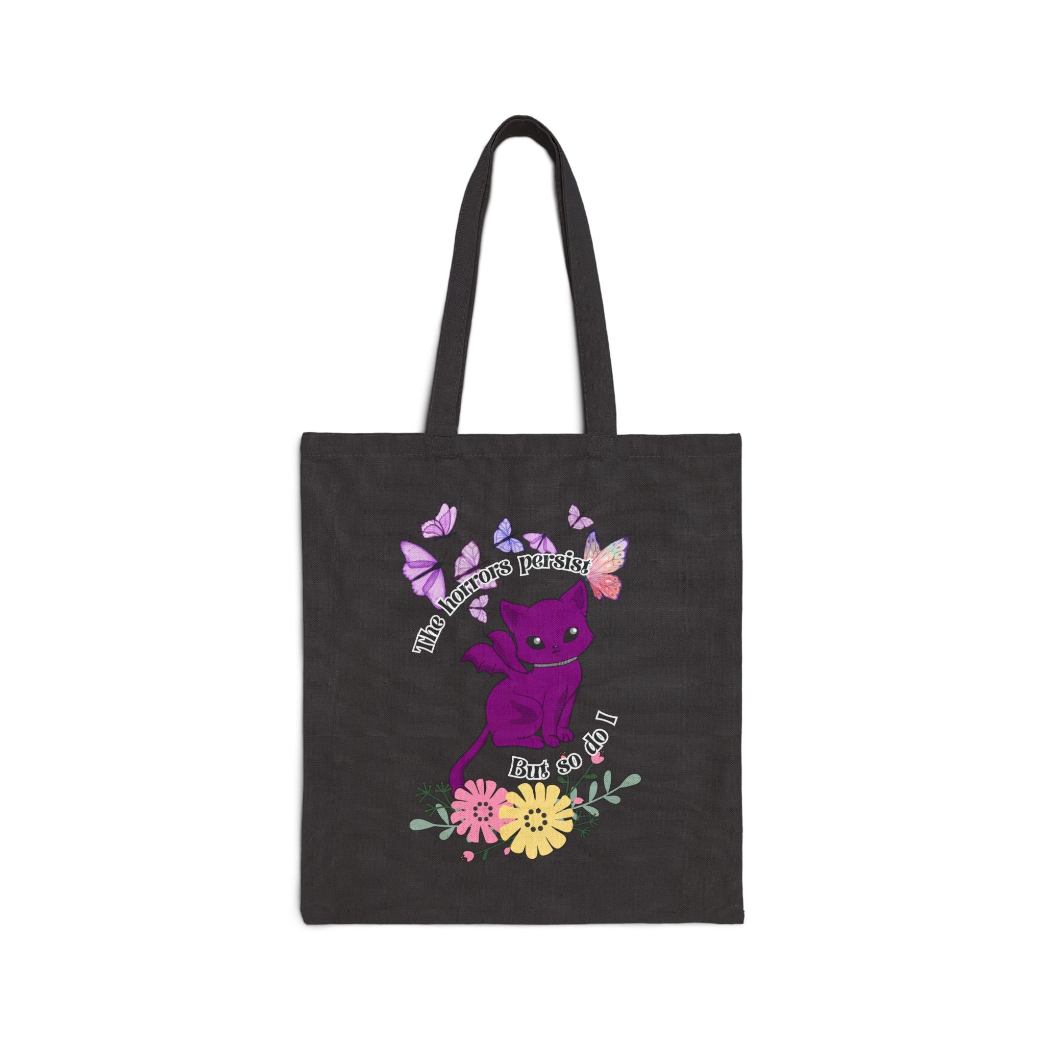 Tote Bag — "The Horrors Persist but so Do I" Floral Purple Cat Canvas Tote