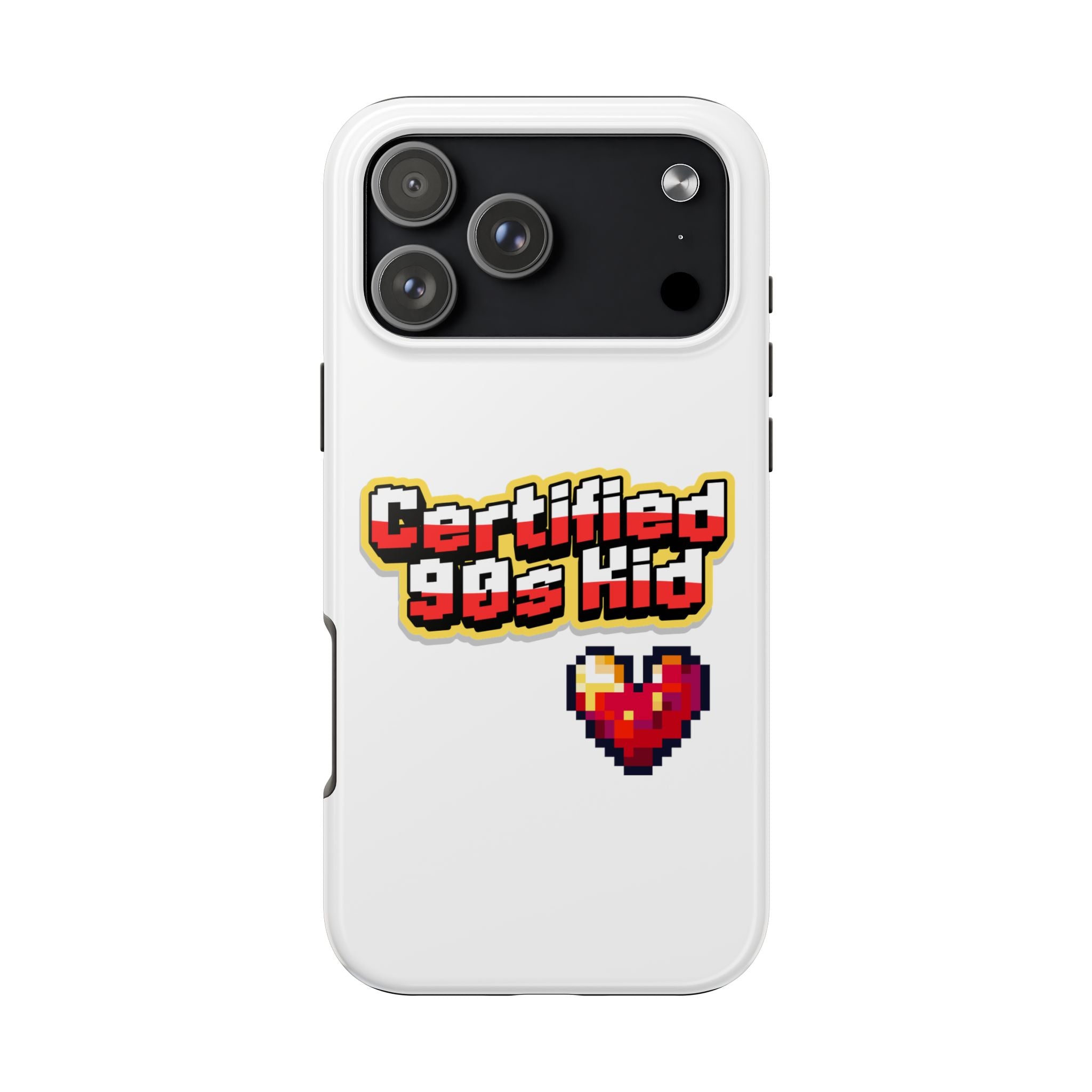 Certified 90s Kid Tough Phone Case — Retro Pixel Art Heart Protective Cover