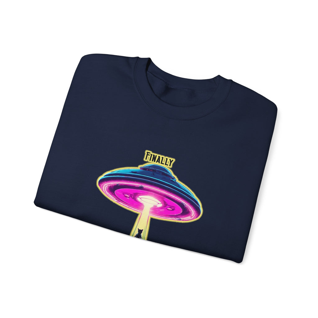 Crewneck Sweatshirt — "Finally We Found Intelligent Life" Neon UFO Graphic