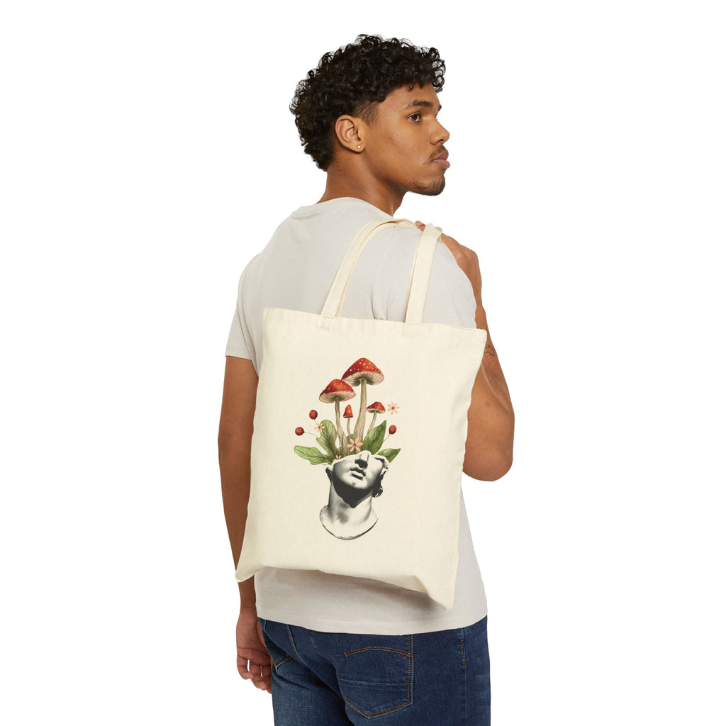 Mushroom Mind Canvas Tote Bag — Botanical Surreal Art Cotton Tote