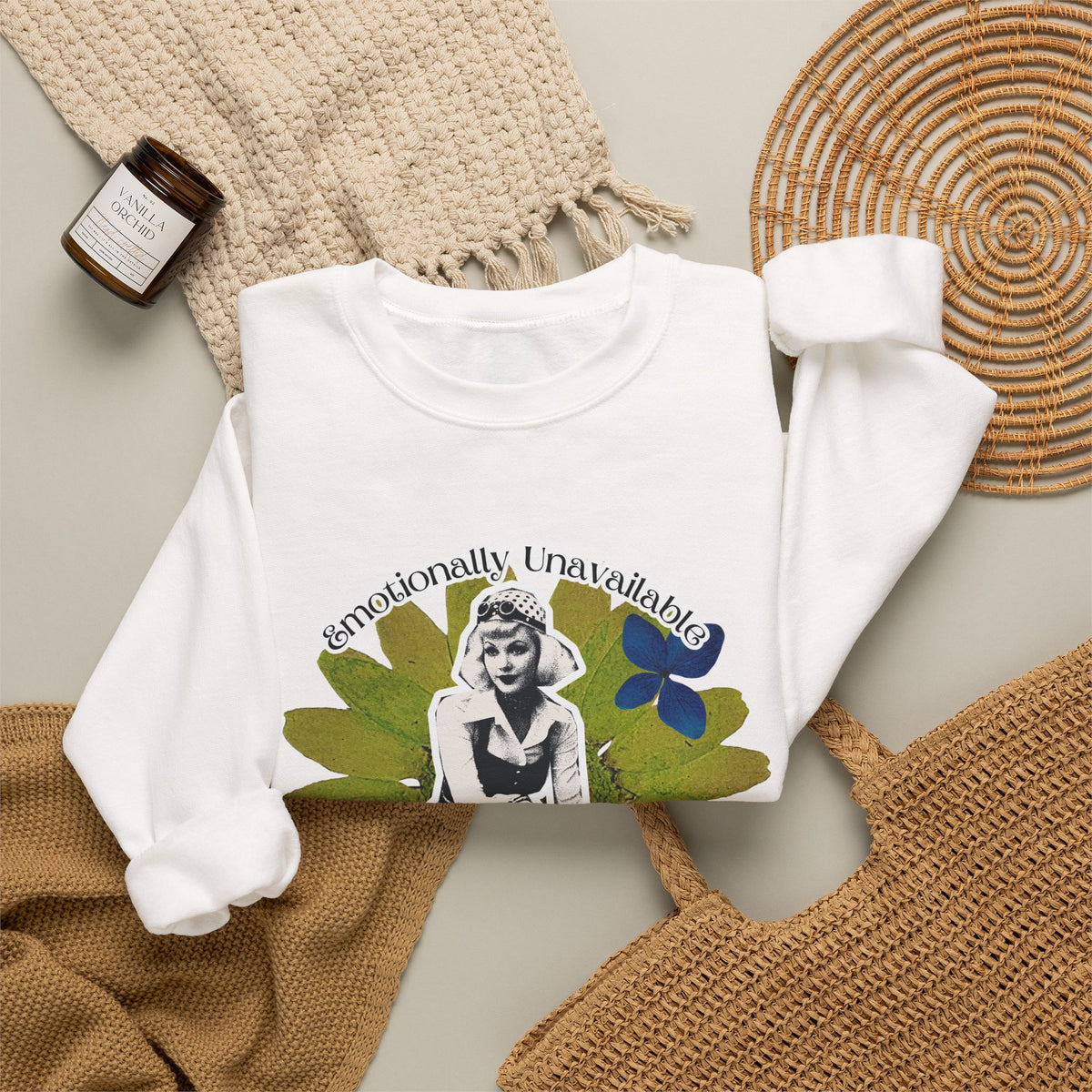 Crewneck Sweatshirt — Emotionally Unavailable & Thriving Retro Floral Graphic