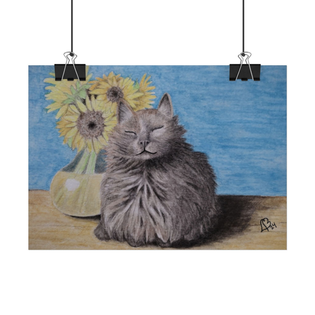Cat with Sunflowers Poster — Rolled Art Print