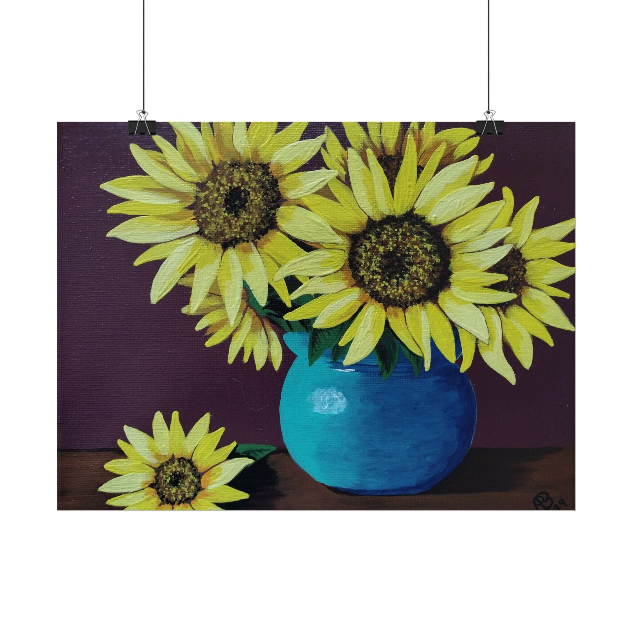 Yellow Sunflowers in Blue Vase Rolled Art Print