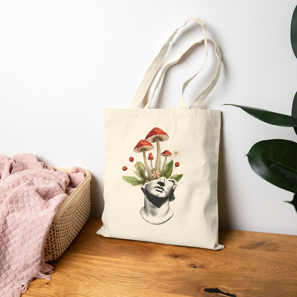 Mushroom Mind Canvas Tote Bag — Botanical Surreal Art Cotton Tote