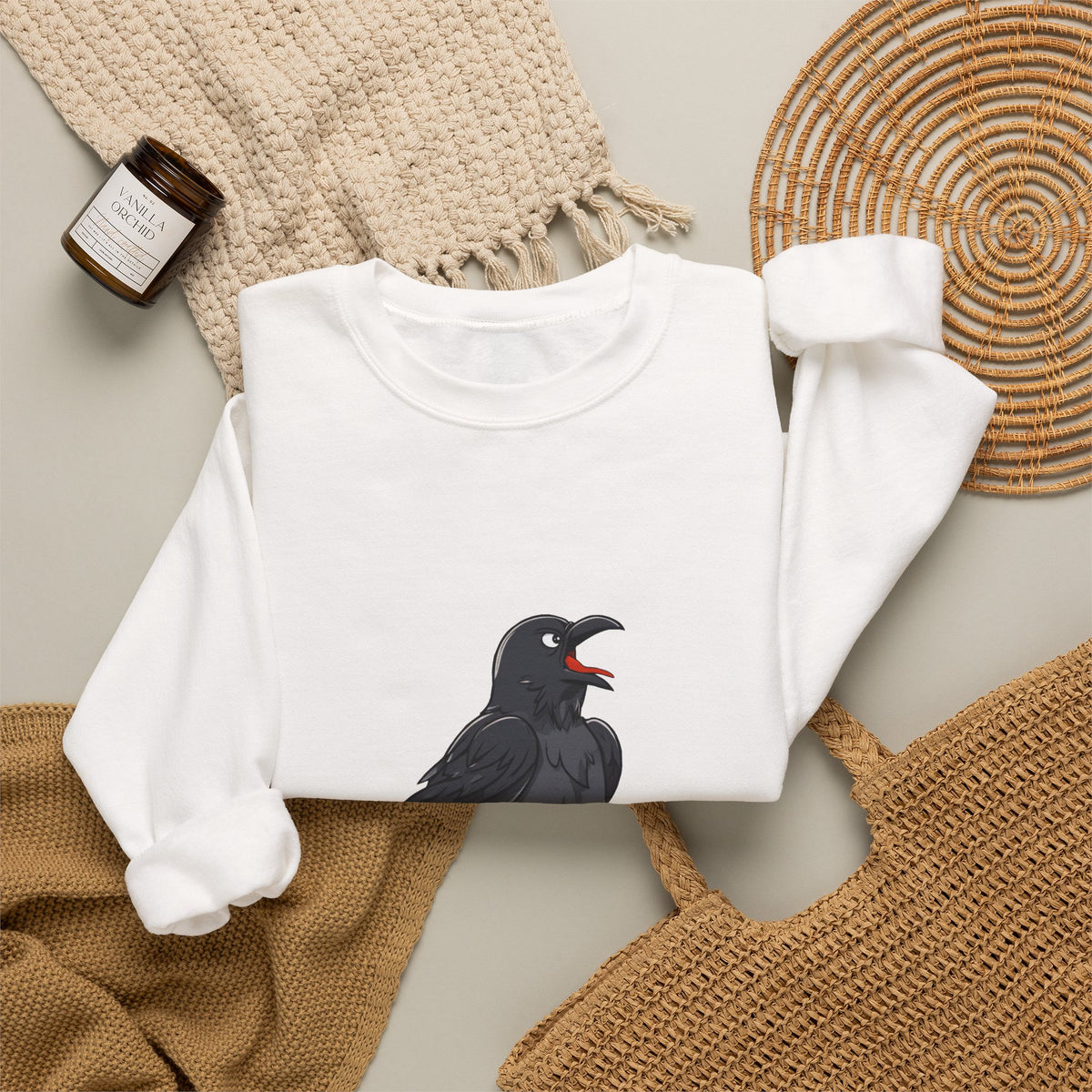 Crewneck Sweatshirt — Screaming Crow Graphic with "FUC AWF" Text