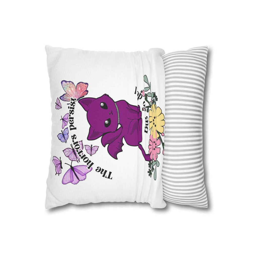 Cute Purple Bat Cat Pillow — "The Horrors Persist But So Do I" Decorative Throw Pillow