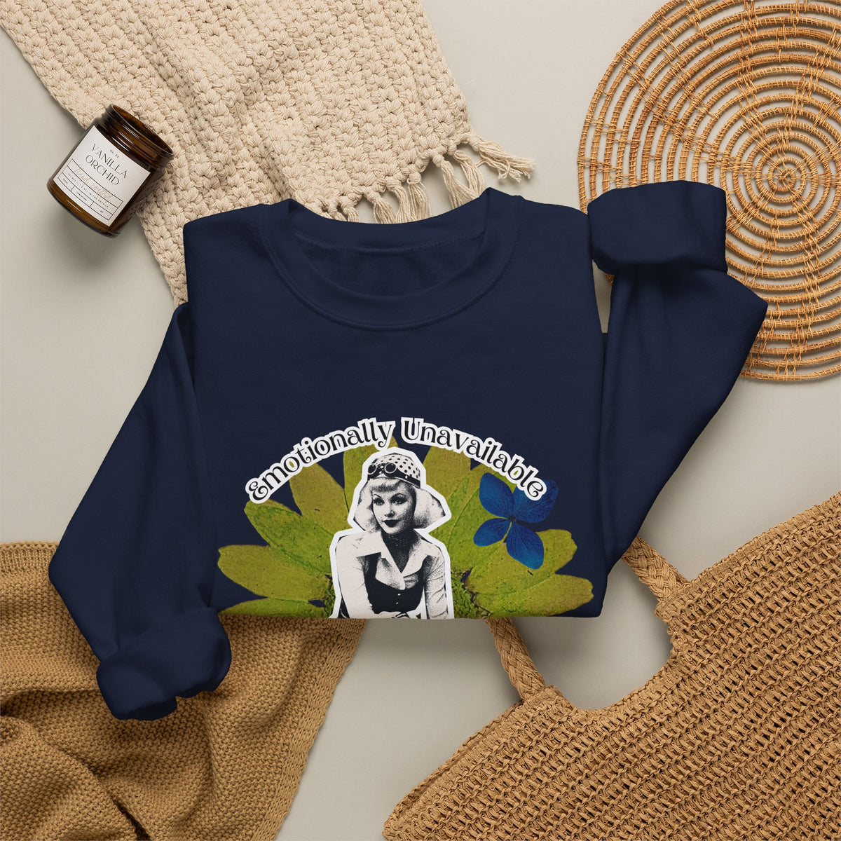 Crewneck Sweatshirt — Emotionally Unavailable & Thriving Retro Floral Graphic