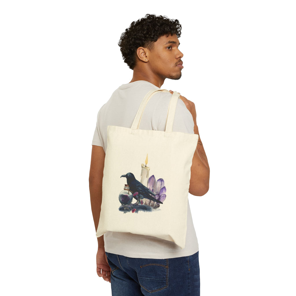 Gothic Crow & Crystal Tote Bag — Witchy Candle Canvas Tote