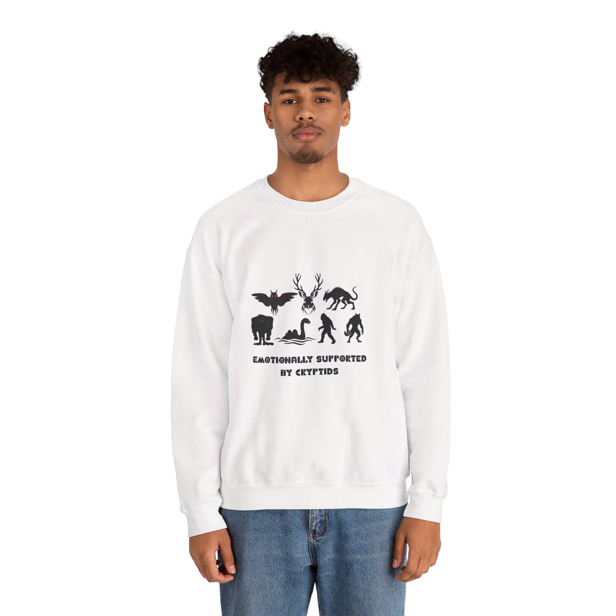 Crewneck Sweatshirt — "Emotionally Supported by Cryptids" Graphic