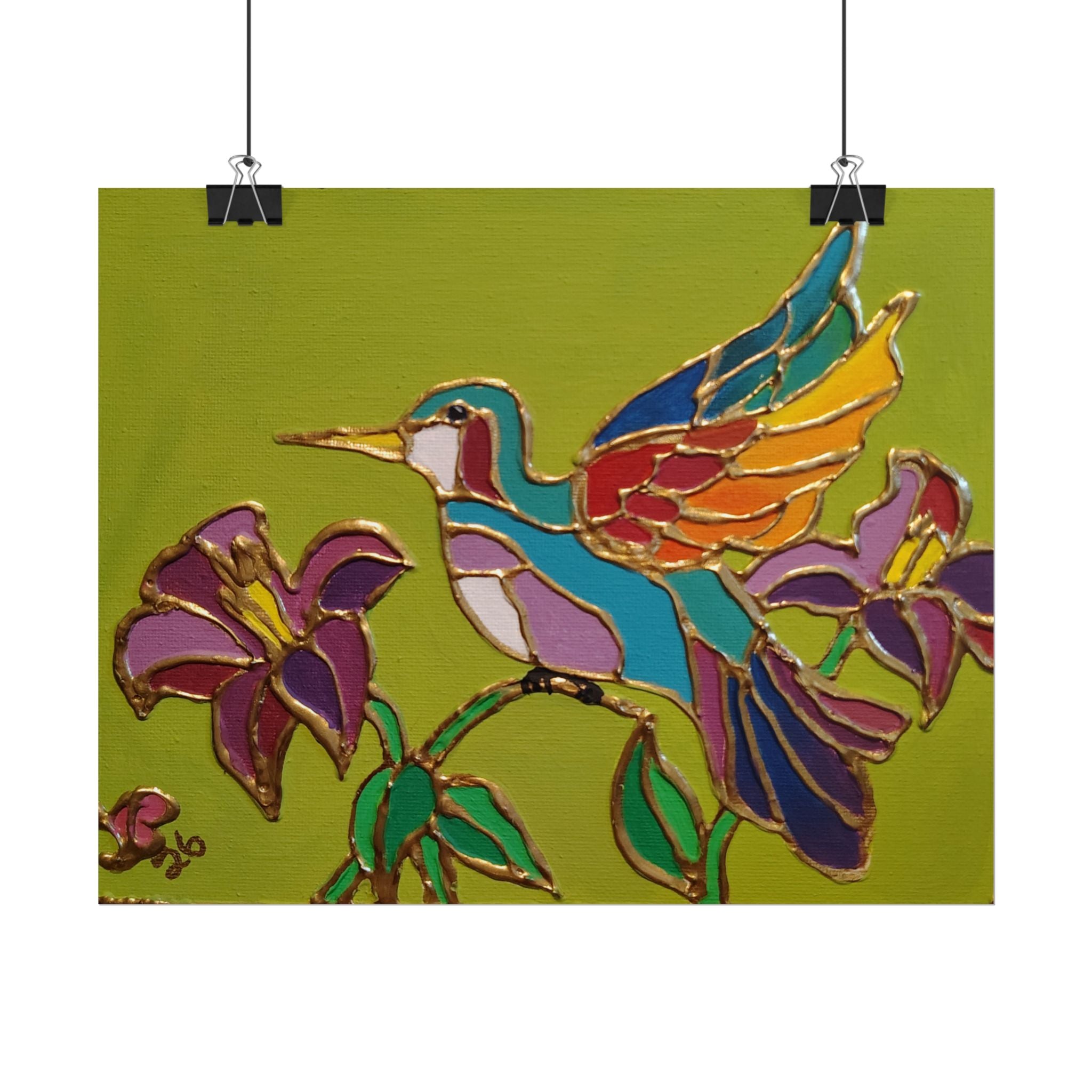 Hummingbird Stained-Glass Art Poster - Colorful Floral Wall Decor (Rolled Poster)