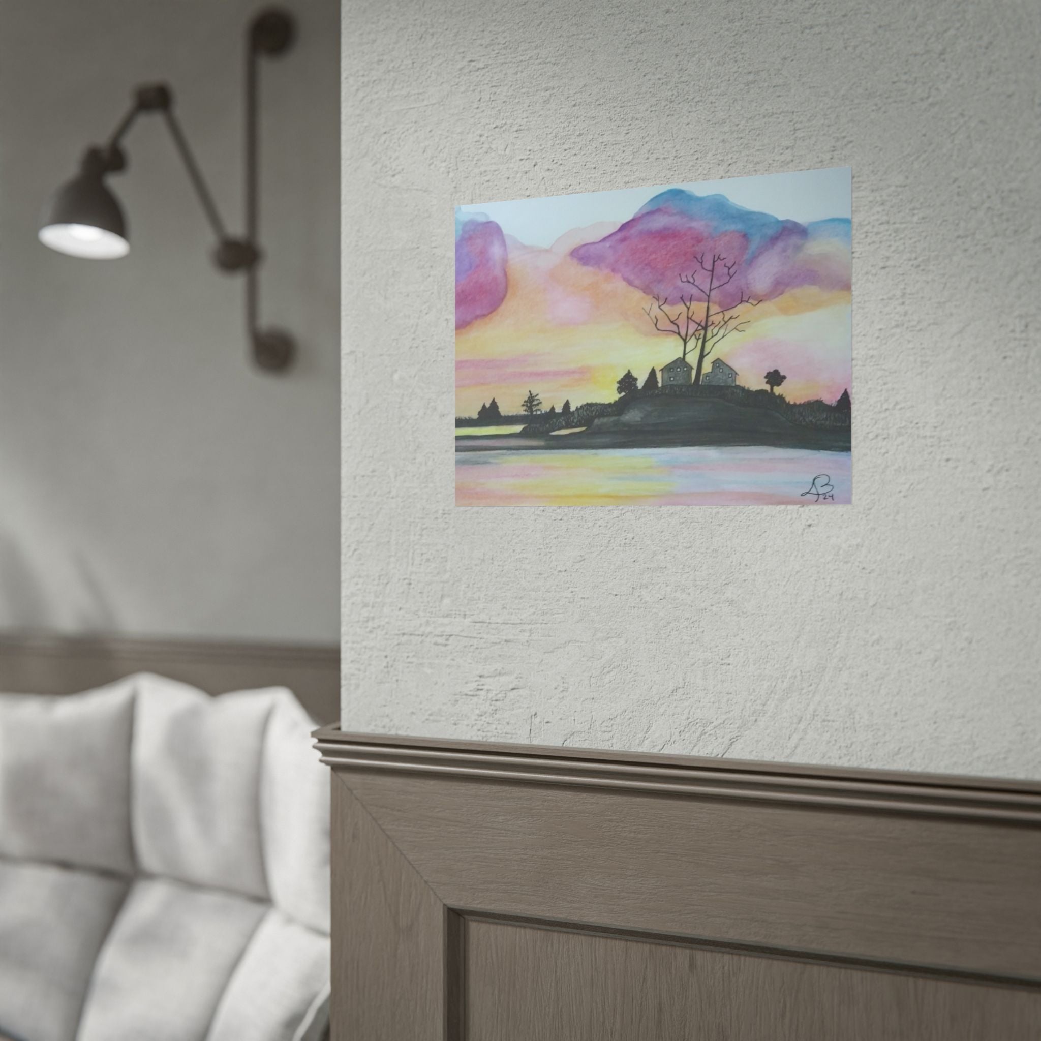 Sunset Lakeside Poster — Watercolor Cottage Landscape Rolled Art Print
