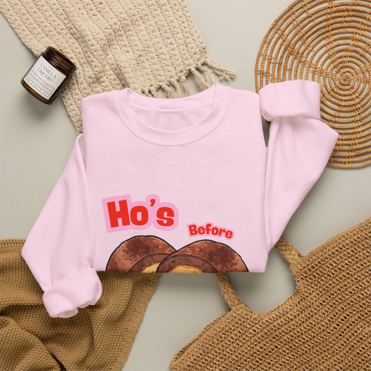 Crewneck Sweatshirt — "Ho's Before Bros" Food Pun Graphic