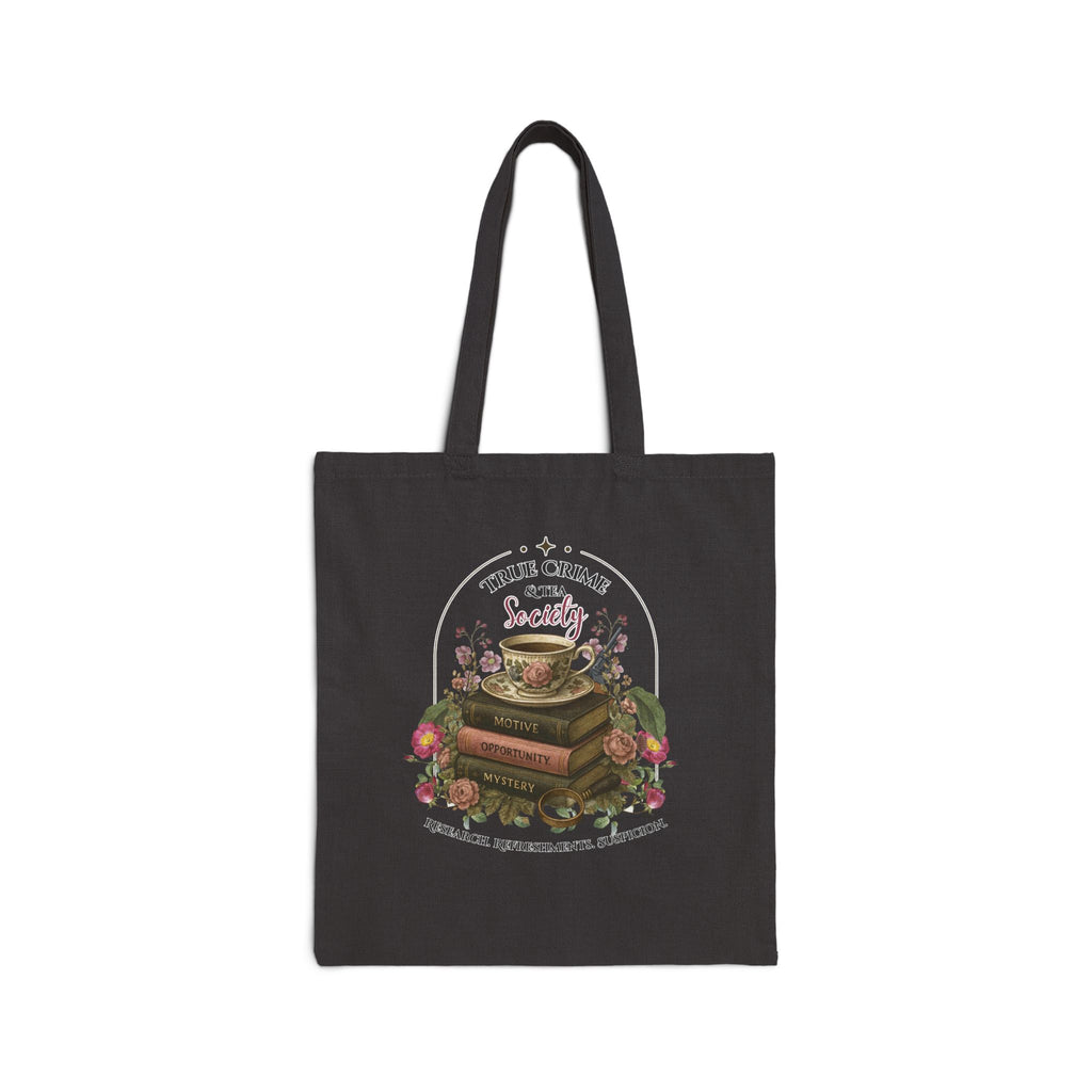 Tote Bag — 'True Crime & Tea' Vintage Bookstack Canvas Tote for Book Lovers