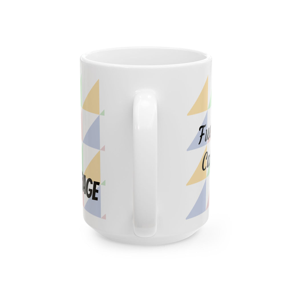 Pastel Geometric Ceramic Mug — 'Fueled by Caffeine...and RAGE' Patterned Coffee Cup (11oz, 15oz)