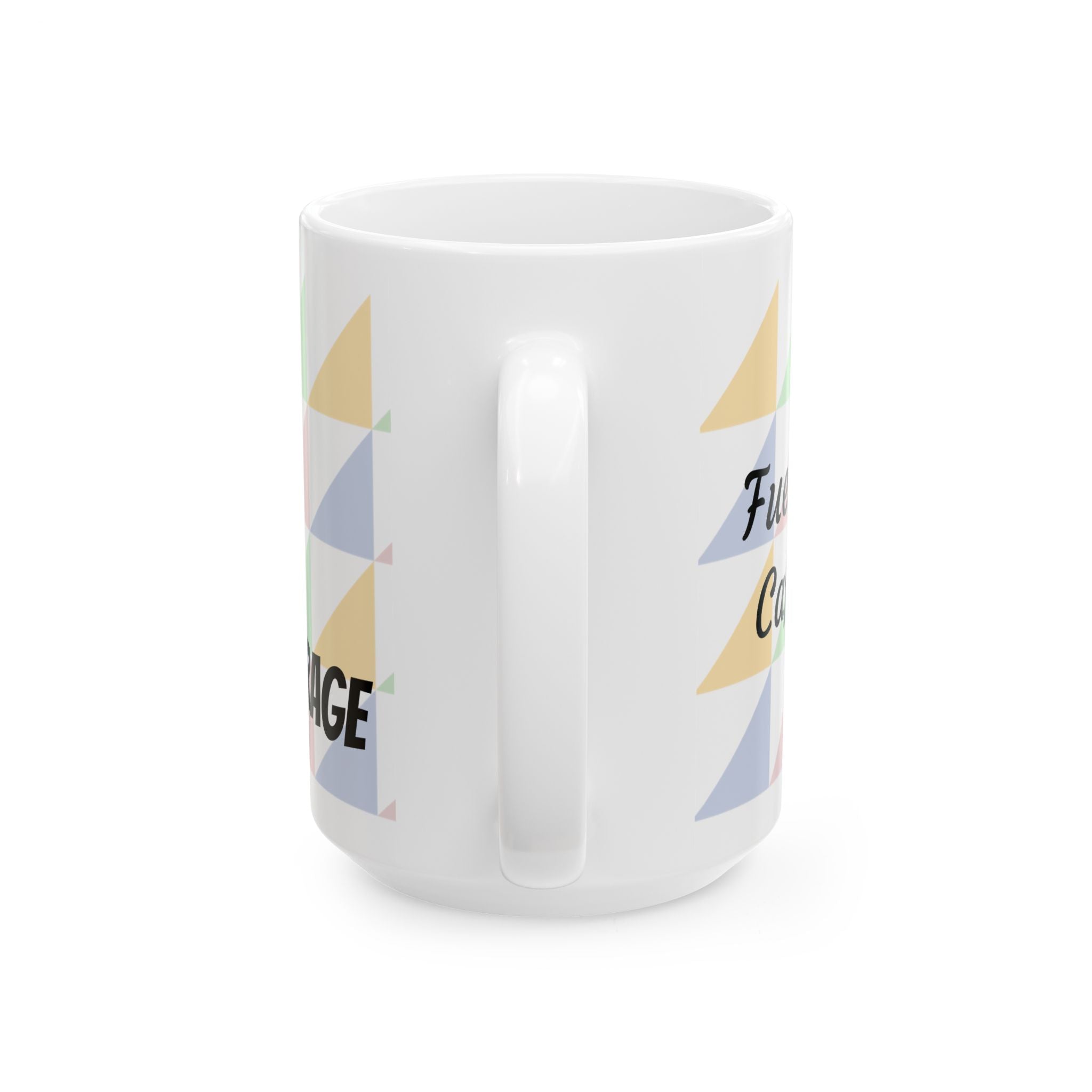 Pastel Geometric Ceramic Mug — 'Fueled by Caffeine...and RAGE' Patterned Coffee Cup (11oz, 15oz)