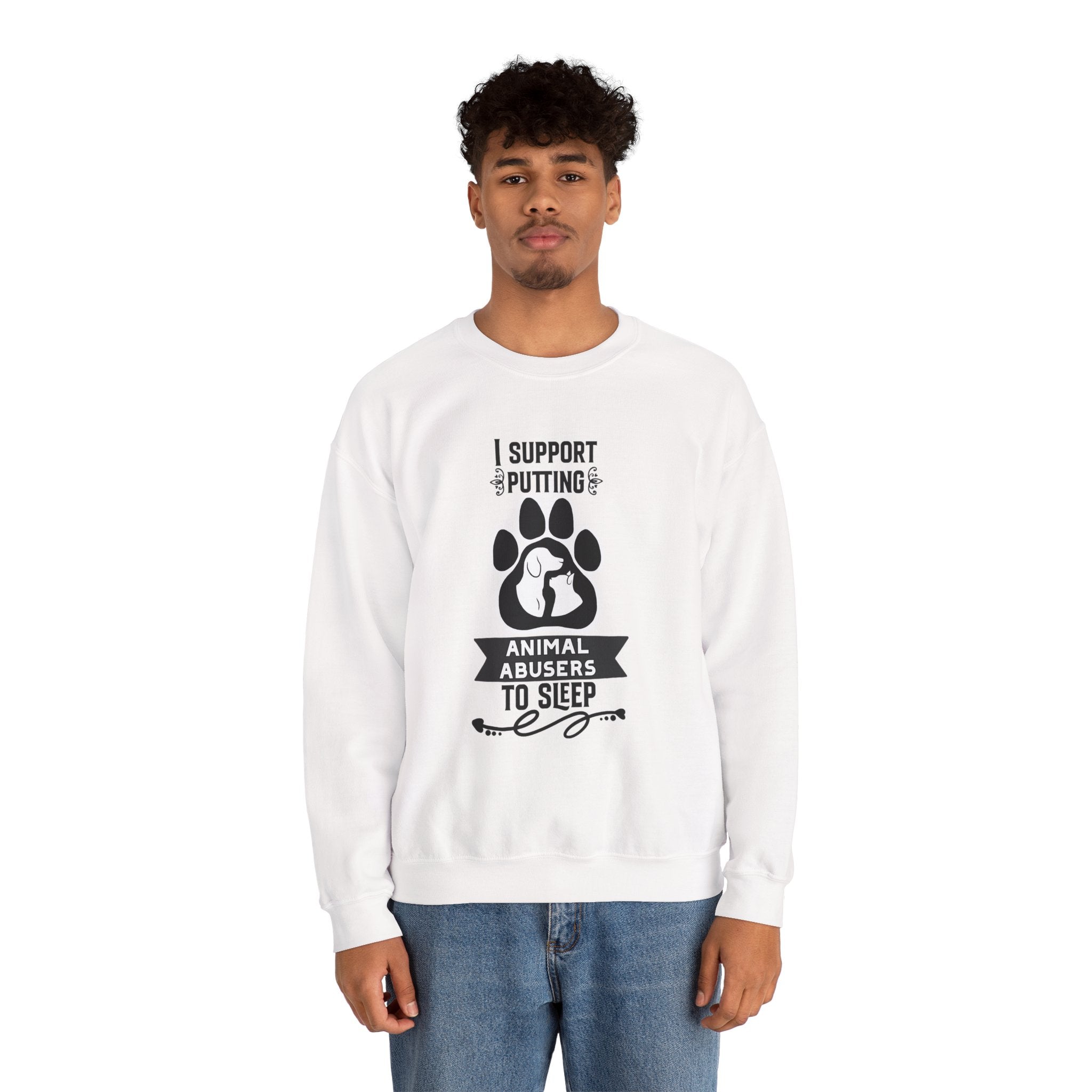 Crewneck Sweatshirt — "I Support Putting Animal Abusers to Sleep" Paw Rescue Tee