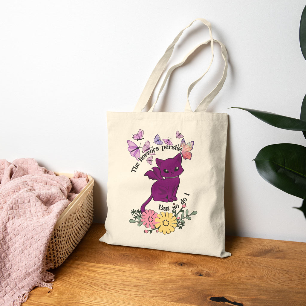 Tote Bag — "The Horrors Persist but so Do I" Floral Purple Cat Canvas Tote