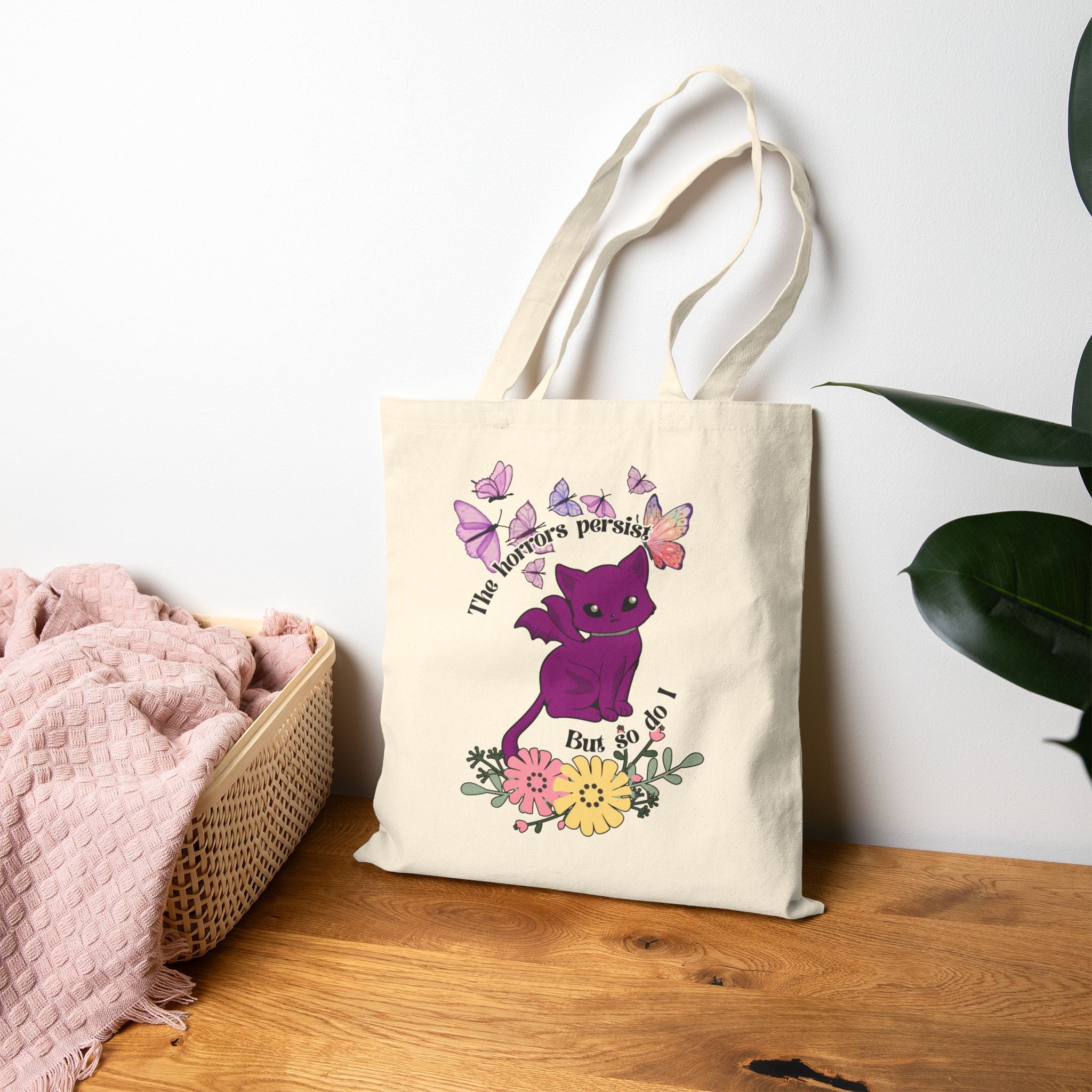 Tote Bag — "The Horrors Persist but so Do I" Floral Purple Cat Canvas Tote