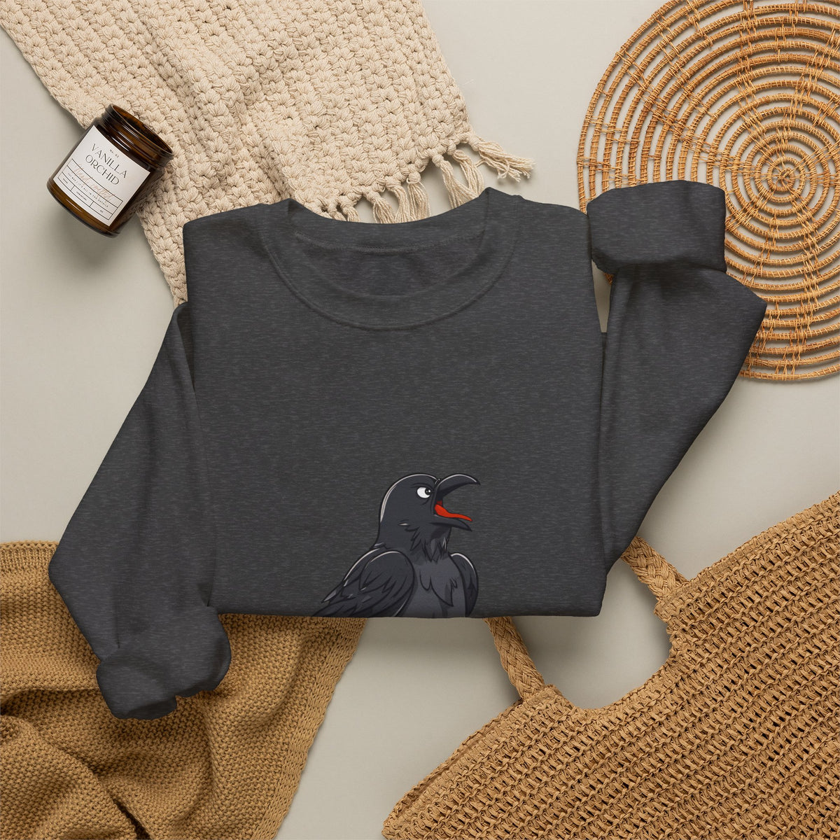 Crewneck Sweatshirt — Screaming Crow Graphic with "FUC AWF" Text