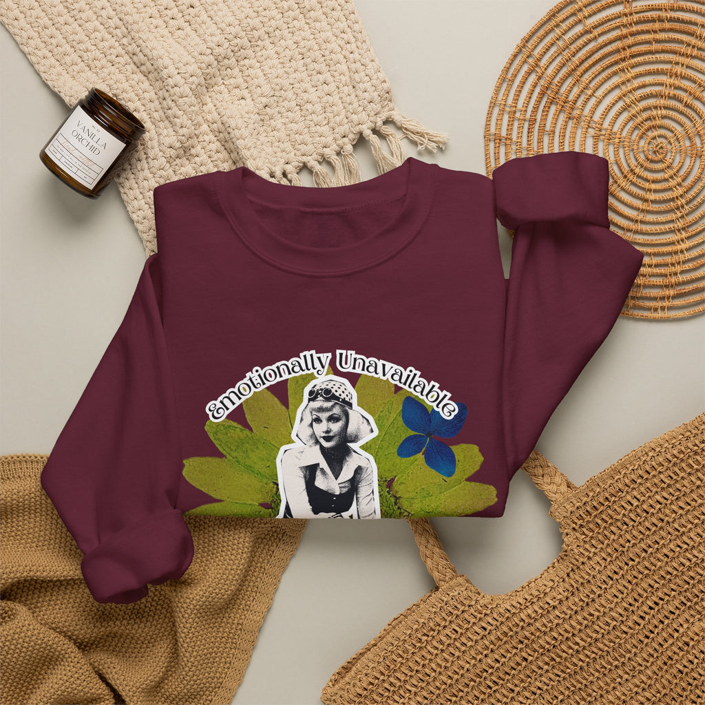 Crewneck Sweatshirt — Emotionally Unavailable & Thriving Retro Floral Graphic