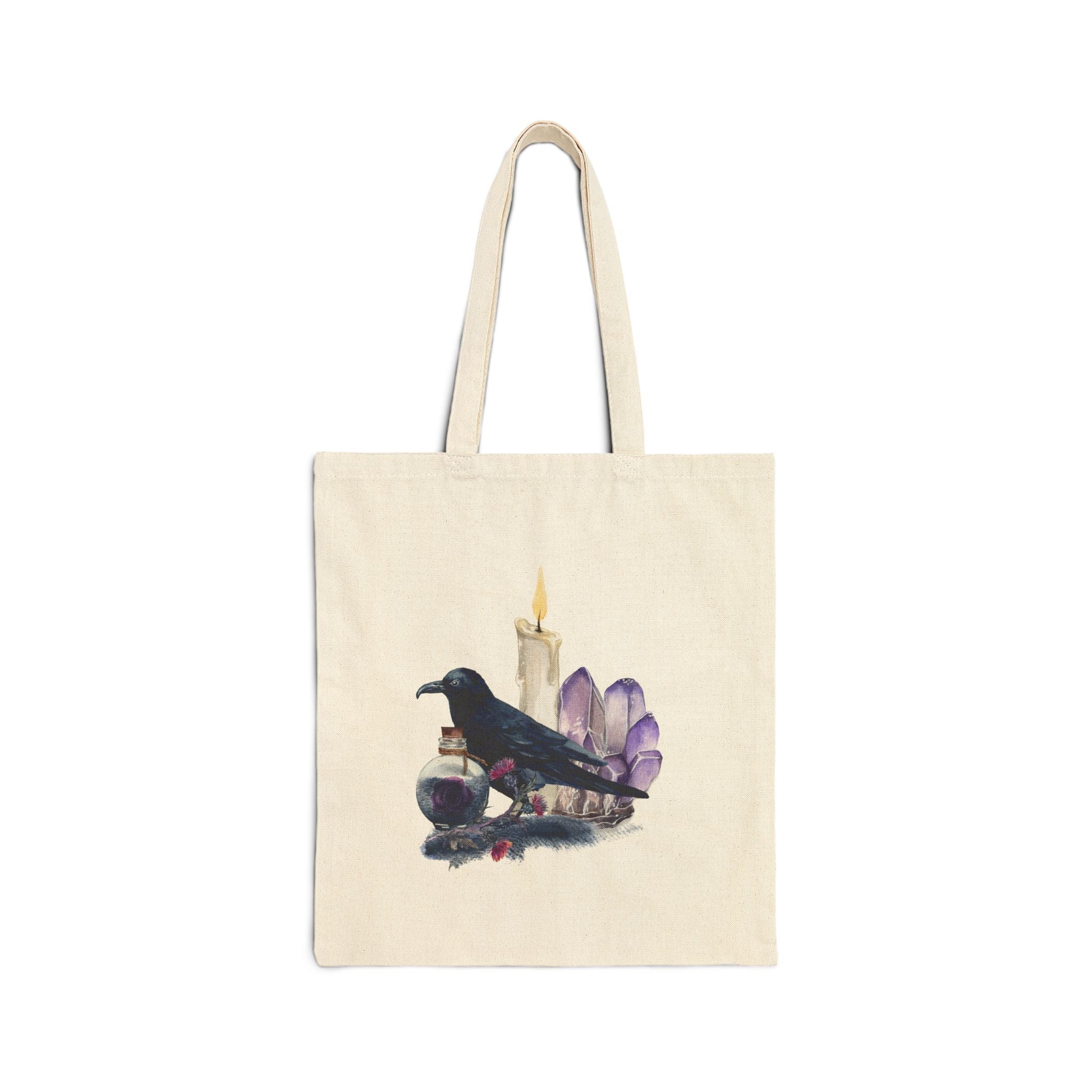 Gothic Crow & Crystal Tote Bag — Witchy Candle Canvas Tote