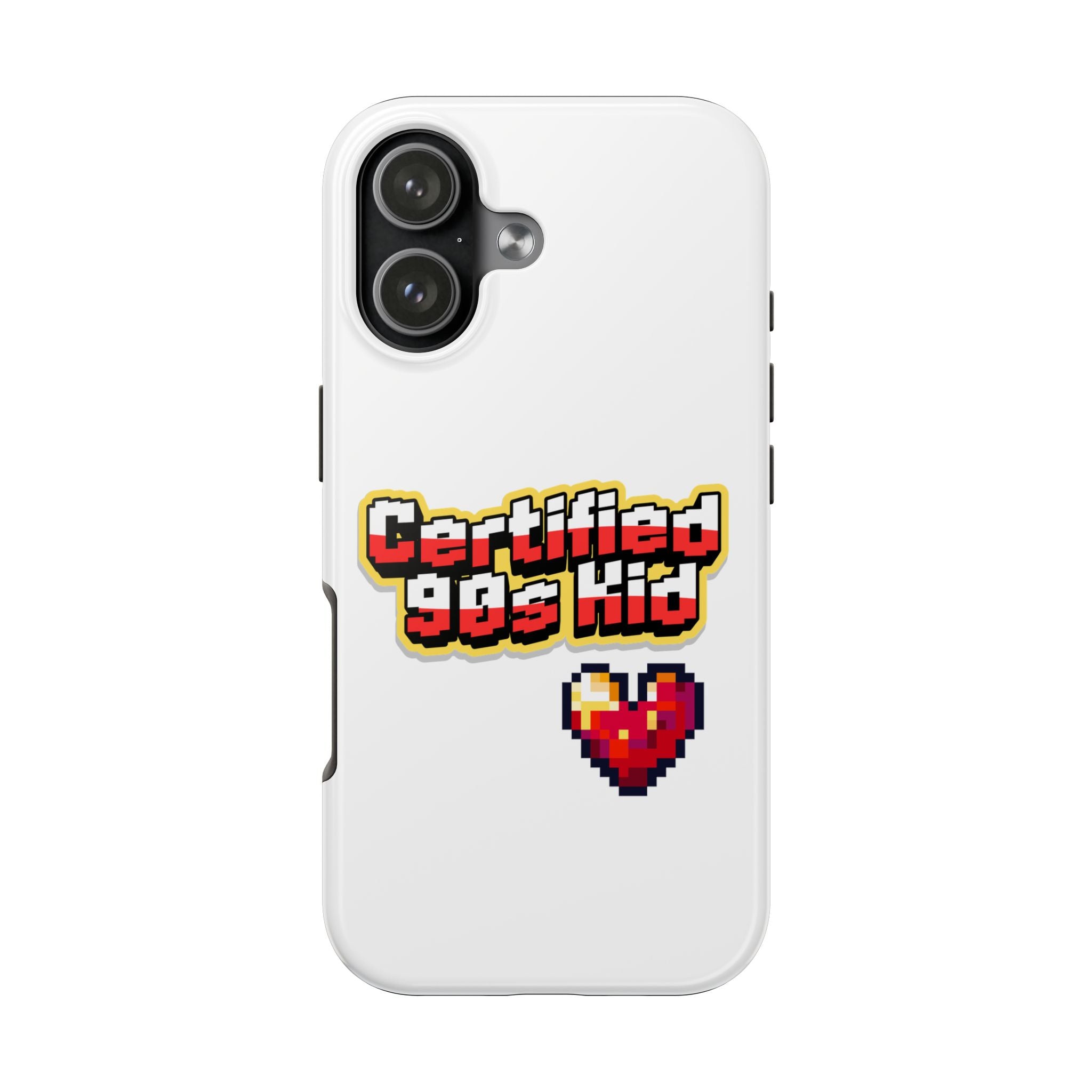 Certified 90s Kid Tough Phone Case — Retro Pixel Art Heart Protective Cover