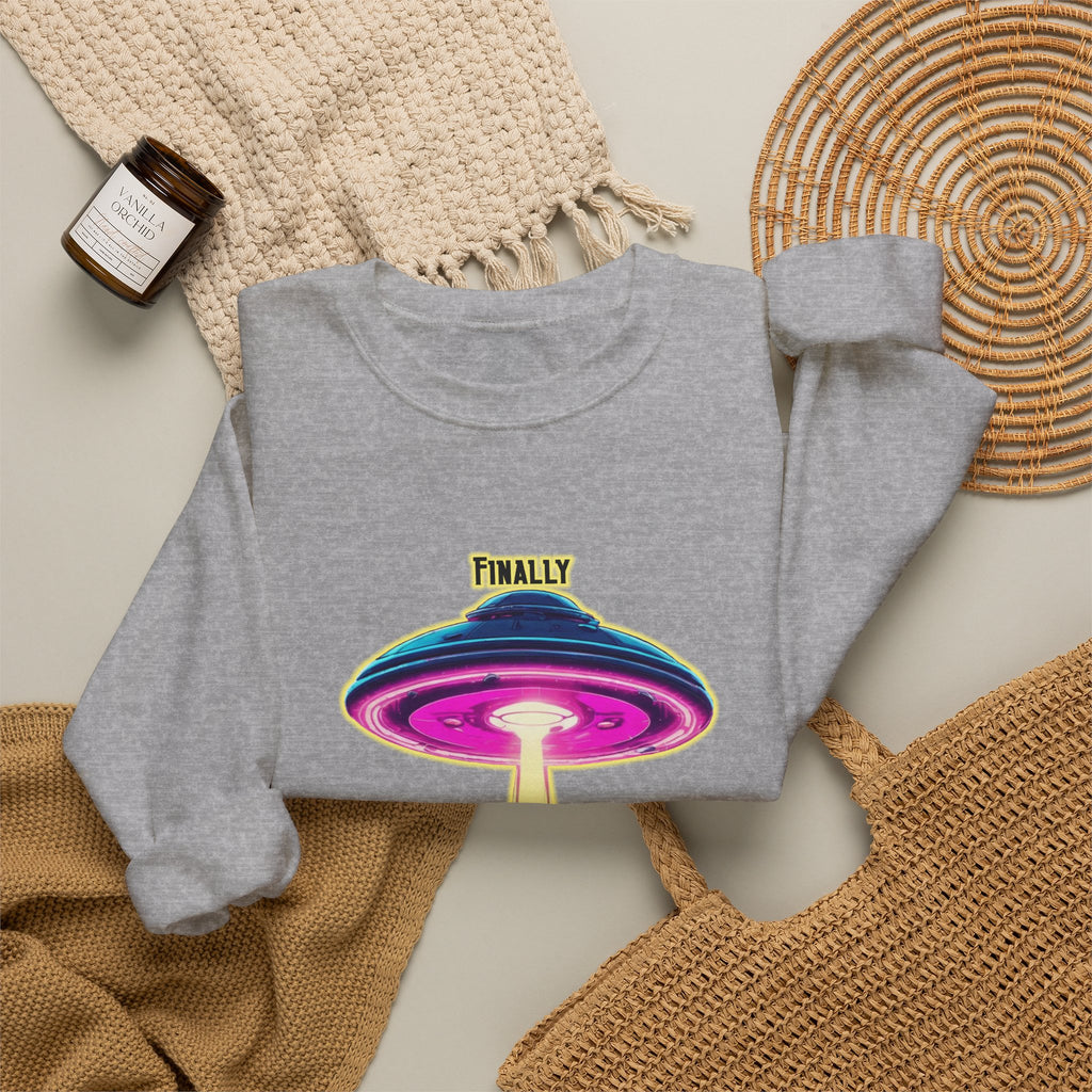 Crewneck Sweatshirt — "Finally We Found Intelligent Life" Neon UFO Graphic