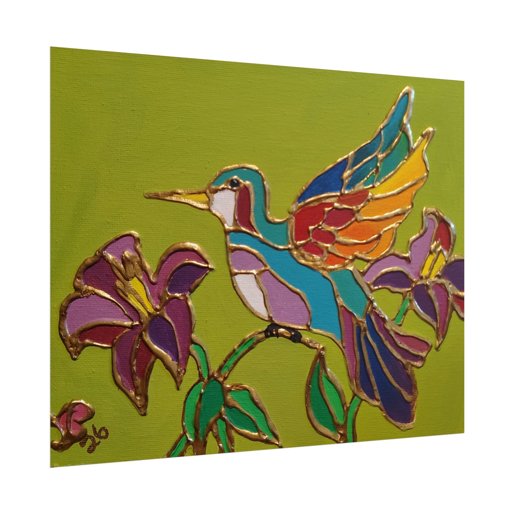 Hummingbird Stained-Glass Art Poster - Colorful Floral Wall Decor (Rolled Poster)