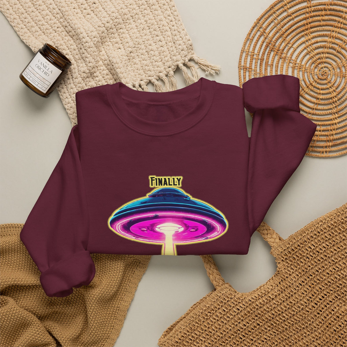 Crewneck Sweatshirt — "Finally We Found Intelligent Life" Neon UFO Graphic