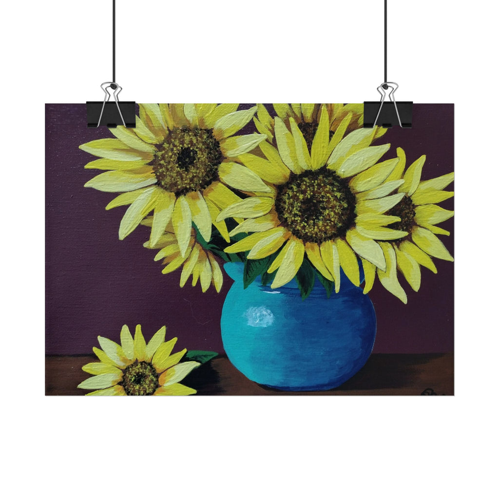 Yellow Sunflowers in Blue Vase Rolled Art Print