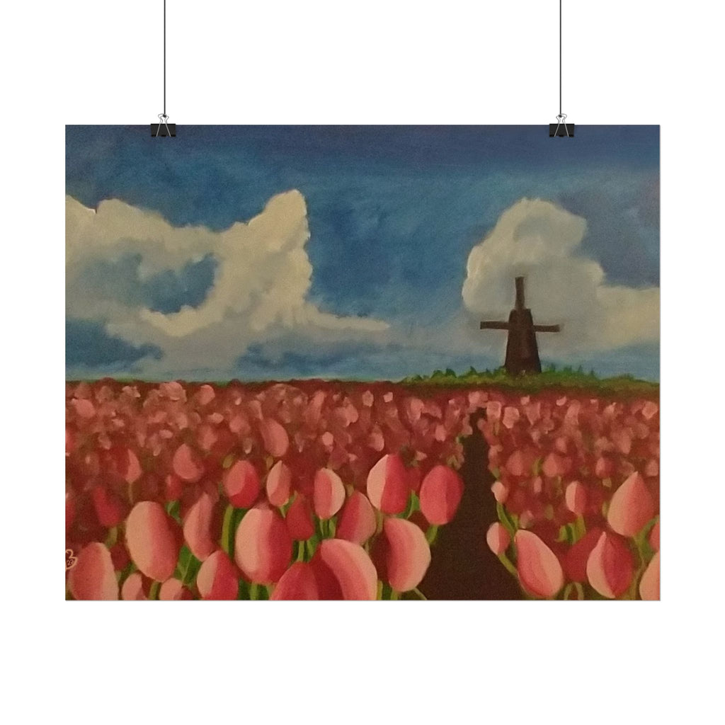 Rolled Poster — Tulip Field Landscape Print with Windmill