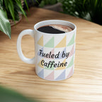 Pastel Geometric Ceramic Mug — 'Fueled by Caffeine...and RAGE' Patterned Coffee Cup (11oz, 15oz)