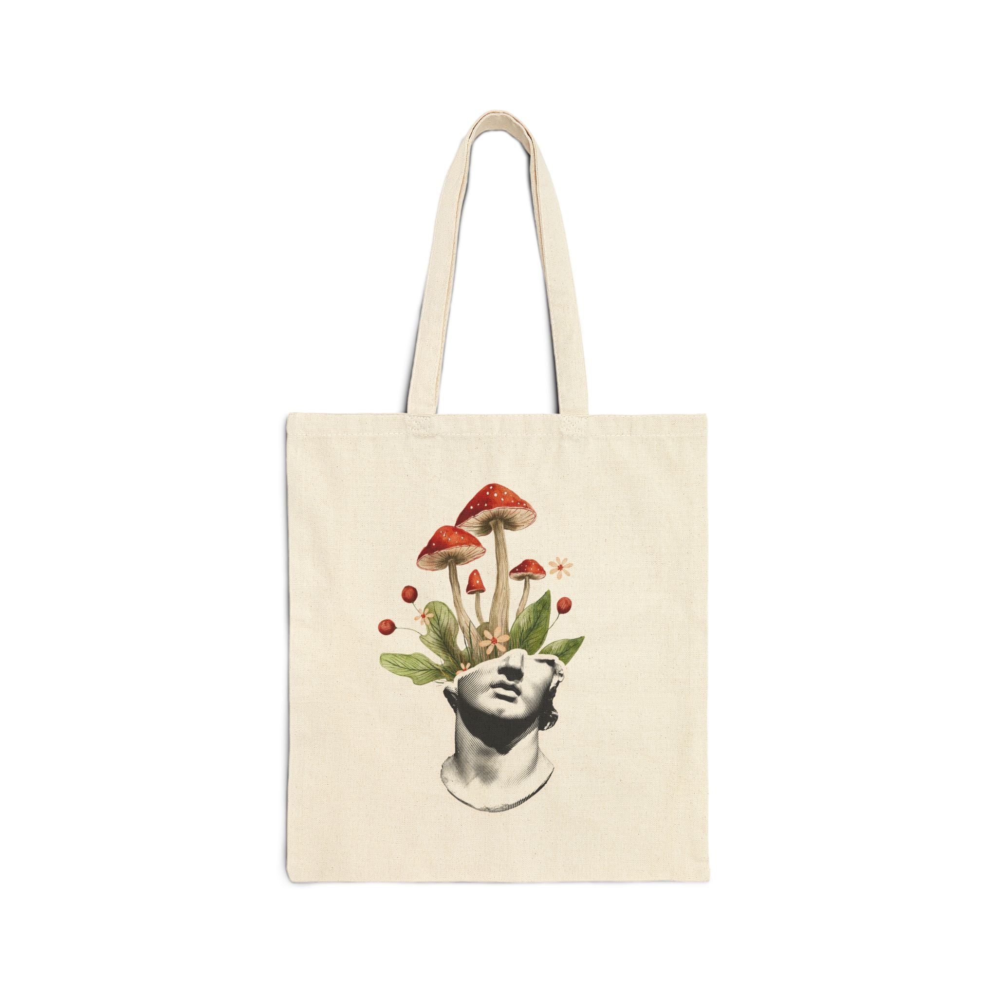 Mushroom Mind Canvas Tote Bag — Botanical Surreal Art Cotton Tote