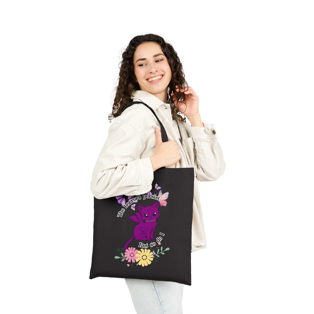 Tote Bag — "The Horrors Persist but so Do I" Floral Purple Cat Canvas Tote